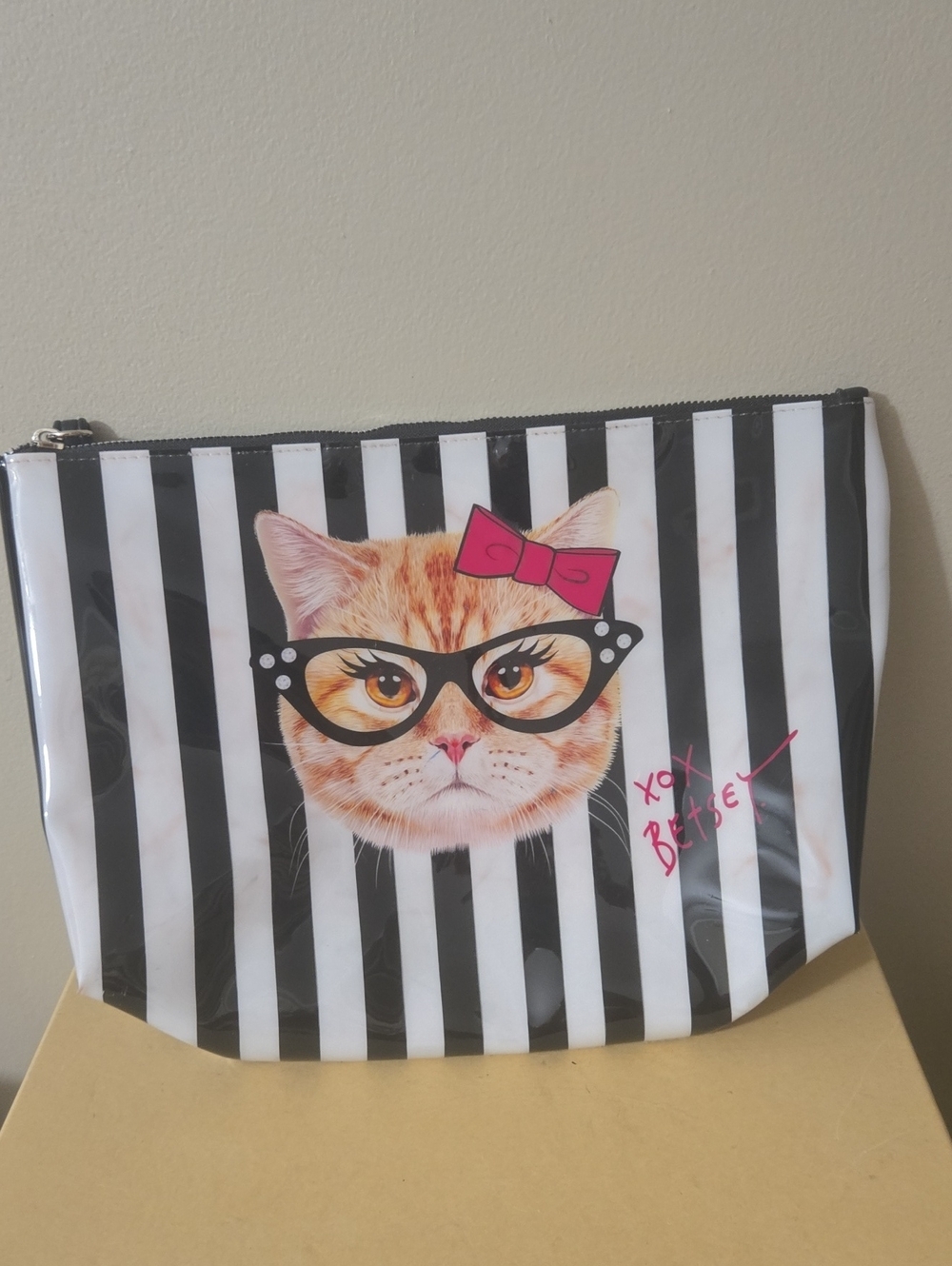 Betsey Johnson Black & White Striped Cat Pouch with Pink Bow